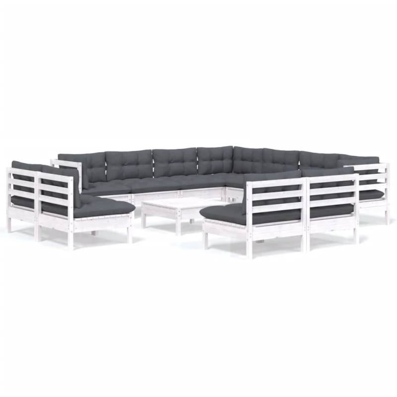 vidaXL 12-daļīgs dārza mēbeļu komplekts ar matračiem, balta priede