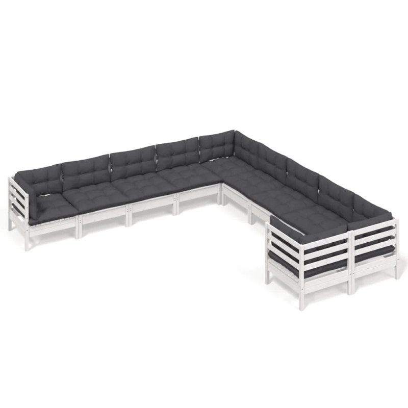 vidaXL 10-daļīgs dārza mēbeļu komplekts ar matračiem, balta priede