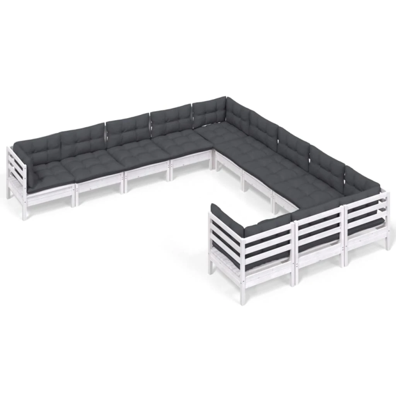 vidaXL 11-daļīgs dārza mēbeļu komplekts ar matračiem, balta priede