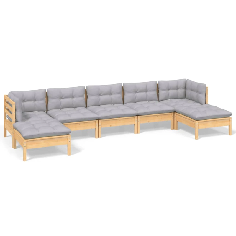 vidaXL 7-daļīgs dārza mēbeļu komplekts ar pelēkiem matračiem, priede