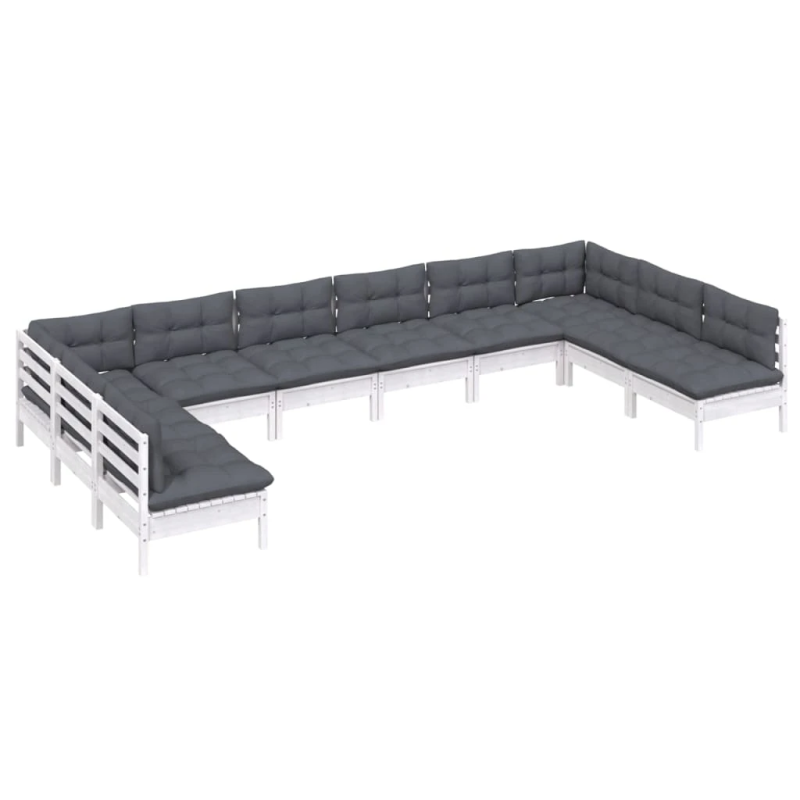 vidaXL 10-daļīgs dārza mēbeļu komplekts ar matračiem, balta priede