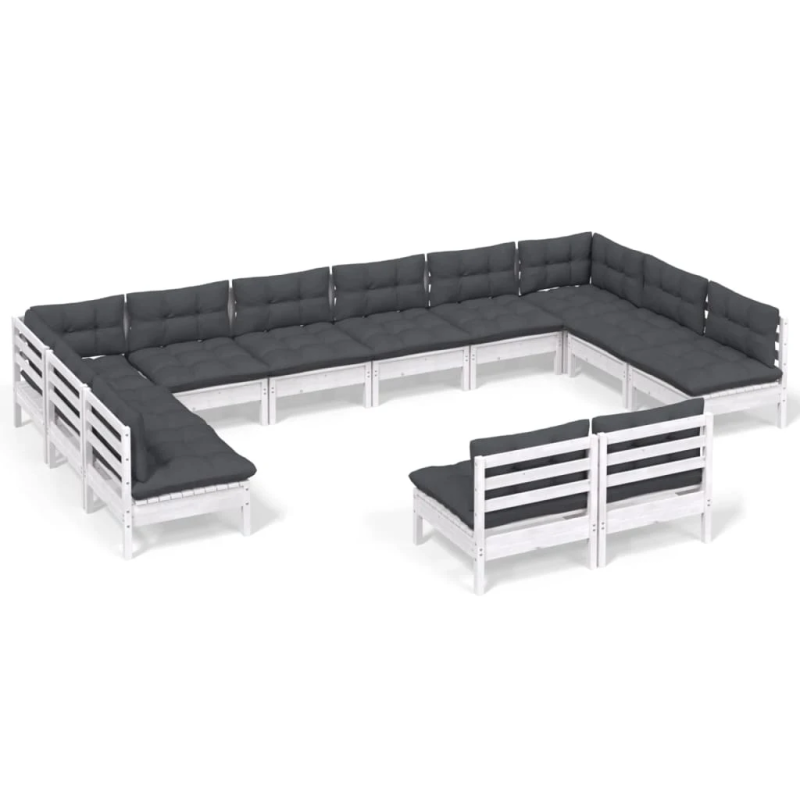 vidaXL 12-daļīgs dārza mēbeļu komplekts ar matračiem, balta priede