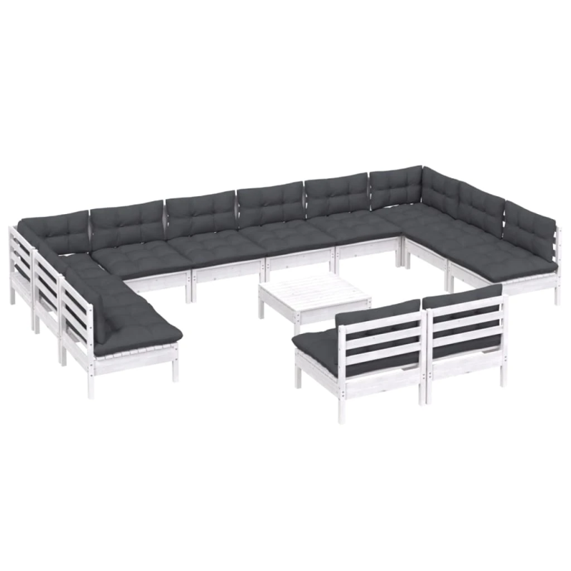 vidaXL 13-daļīgs dārza mēbeļu komplekts ar matračiem, balta priede