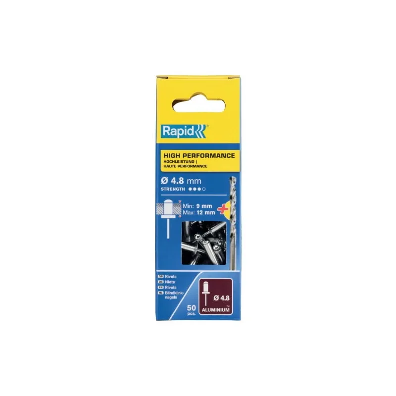 Kniedės aukštos kokybės Al 4,8x16mm 50vnt + Drill C, Rapid