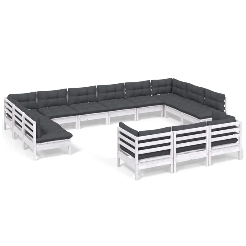 vidaXL 13-daļīgs dārza mēbeļu komplekts ar matračiem, balta priede