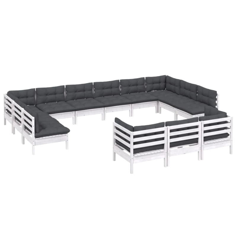 vidaXL 13-daļīgs dārza mēbeļu komplekts ar matračiem, balta priede