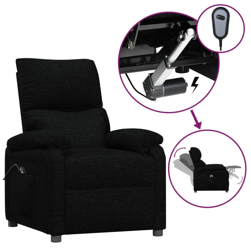 vidaXL elektrisks atpūtas krēsls, atgāžams, melns audums