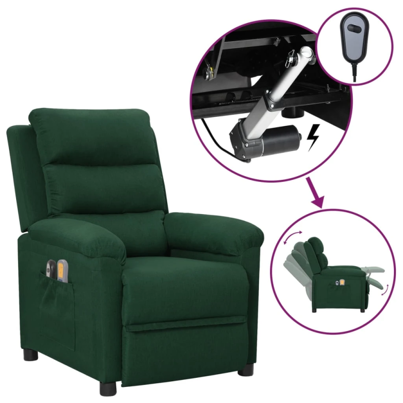 vidaXL elektrisks masāžas krēsls, tumši zaļš audums
