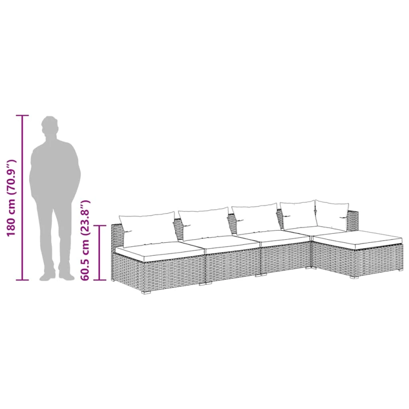 vidaXL 5-daļīgs dārza mēbeļu komplekts, matrači, PE rotangpalma, brūns