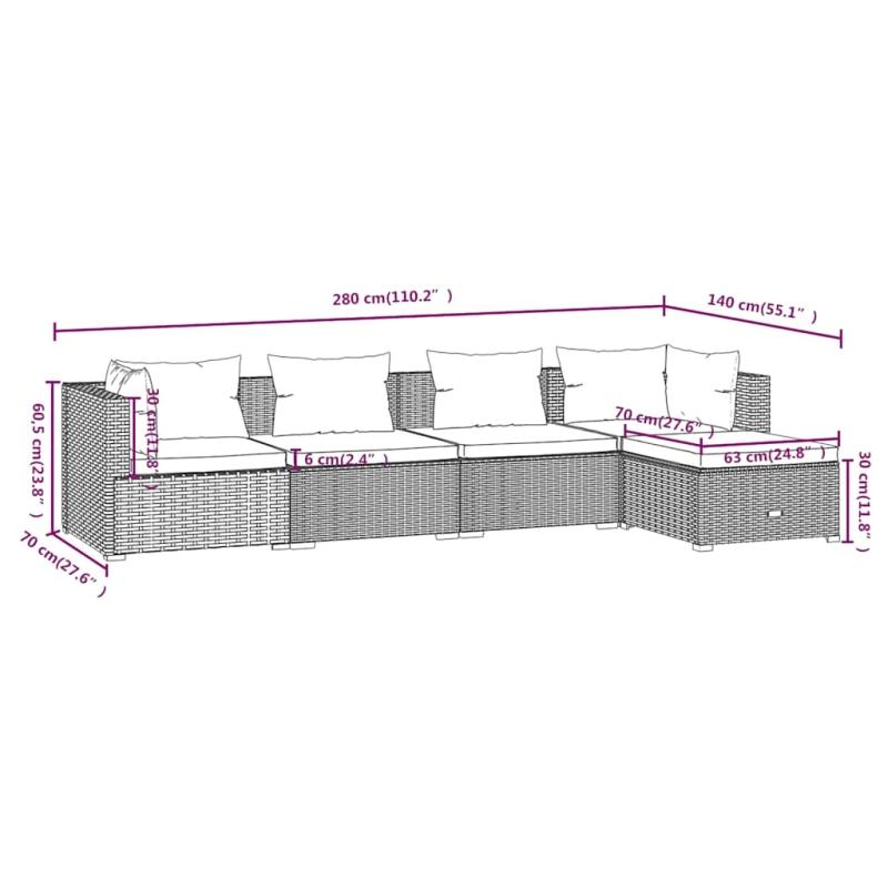 vidaXL 5-daļīgs dārza atpūtas mēbeļu komplekts, melna PE rotangpalma