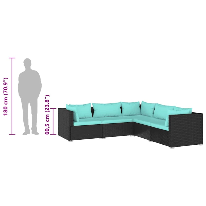 vidaXL 5-daļīgs dārza mēbeļu komplekts, matrači, melna PE rotangpalma