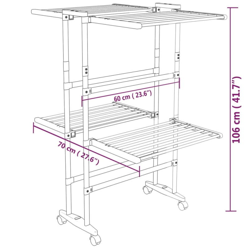 vidaXL veļas žāvētājs ar riteņiem, 2 līmeņi, sudrabains, 60x70x106 cm