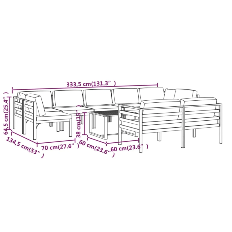 vidaXL 10-daļīgs dārza atpūtas mēbeļu komplekts, matrači, alumīnijs