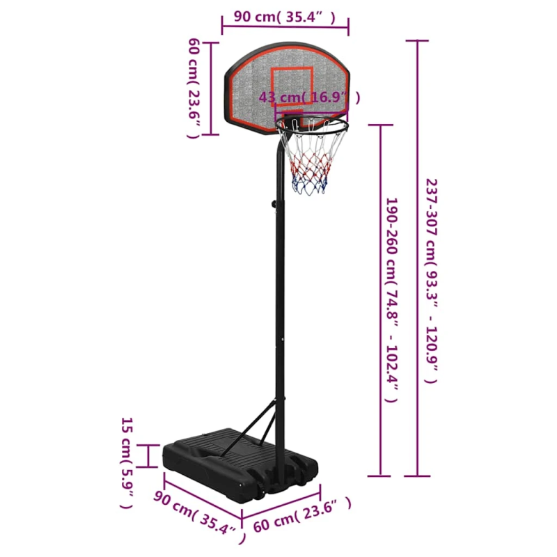 vidaXL basketbola vairogs, melns, 237-307 cm, polietilēns