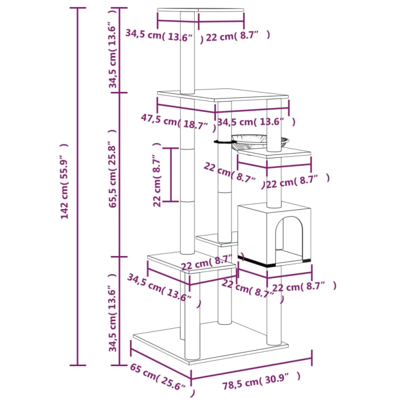 vidaXL kaķu māja ar sizala stabiem nagu asināšanai, 142 cm, pelēka