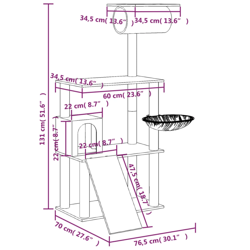 vidaXL kaķu māja ar sizala stabiem nagu asināšanai, 131 cm, pelēka