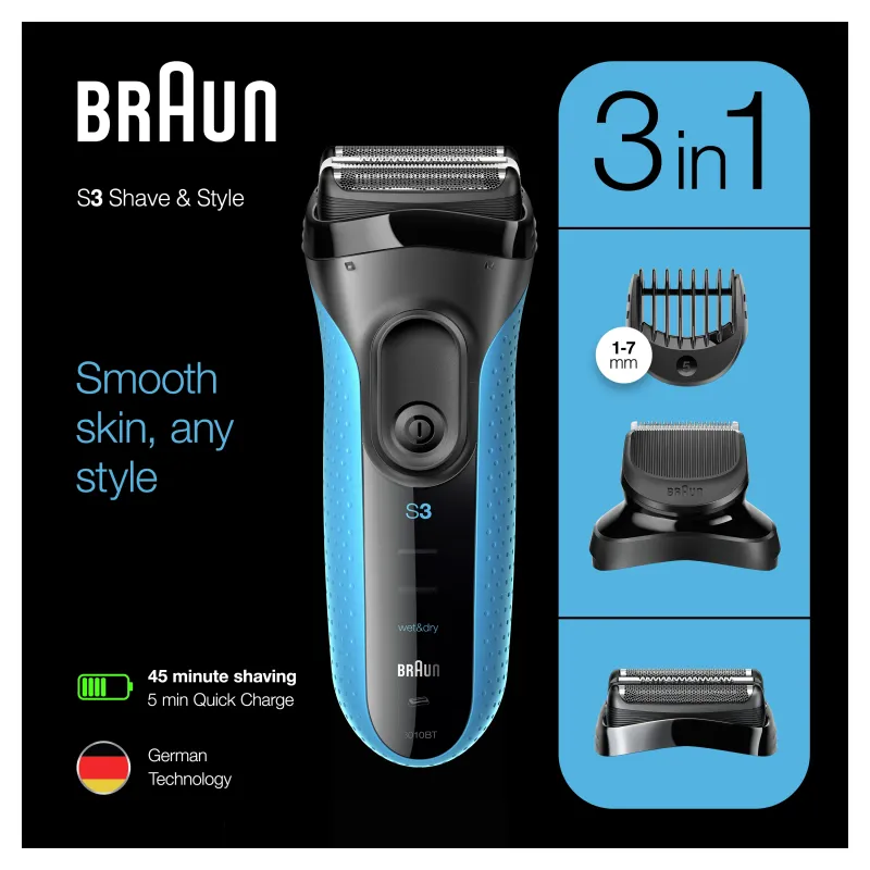 Bārdas skuveklis Braun Series 3 Shave&Style 3010BT, ni-mh, zila krās.-melna krās.