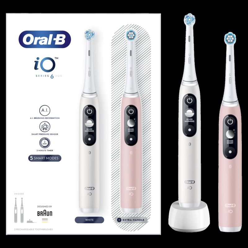 iOM6d.2I6.1 Oral-B iO6 Duo Pack Elektriskā Zobu Birste White + Pink Sand Extra Handle