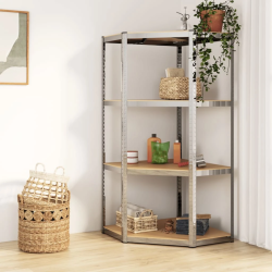 vidaXL 4-līmeņu stūra plaukts, sudrabains tērauds, inženierijas koks