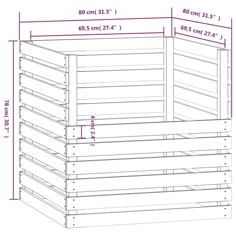 vidaXL komposta kaste, 80x80x78 cm, priedes masīvkoks
