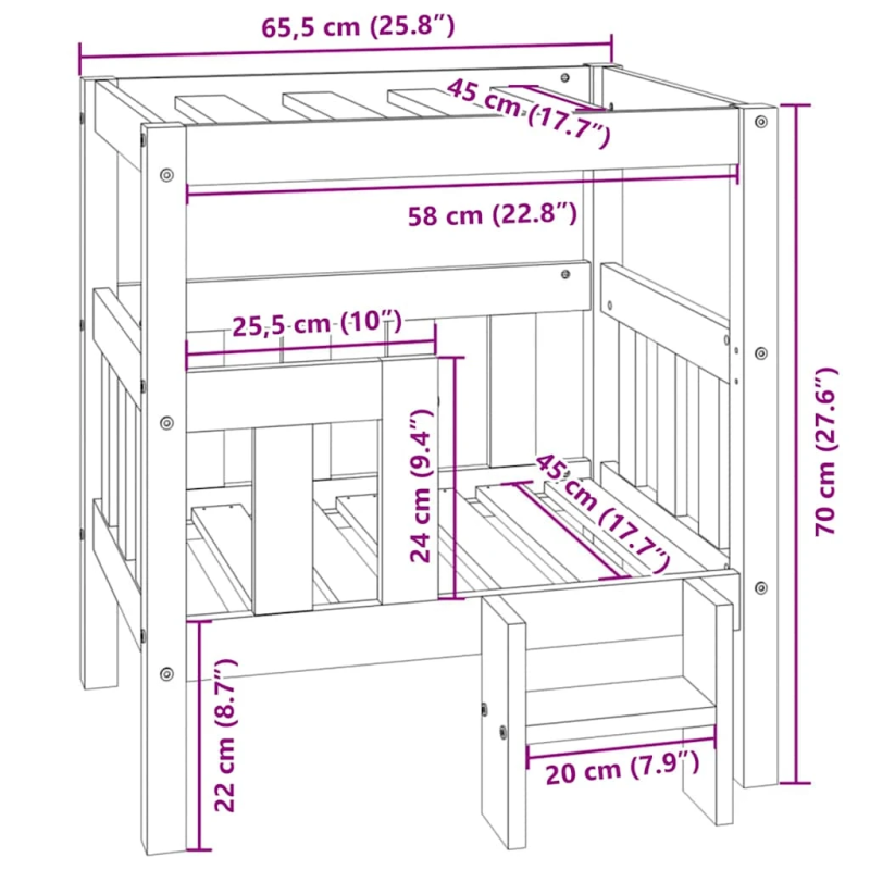 vidaXL suņu gulta, pelēka, 65,5x50,5x70 cm, priedes masīvkoks