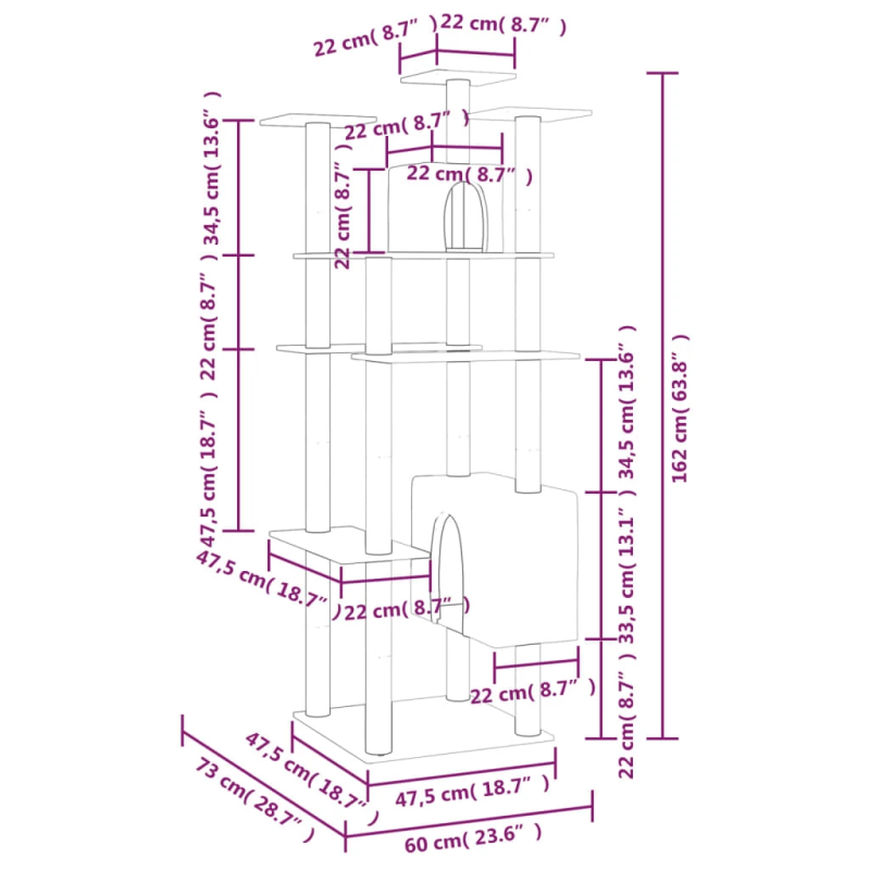vidaXL kaķu māja ar sizala stabiem nagu asināšanai, 162 cm, pelēka