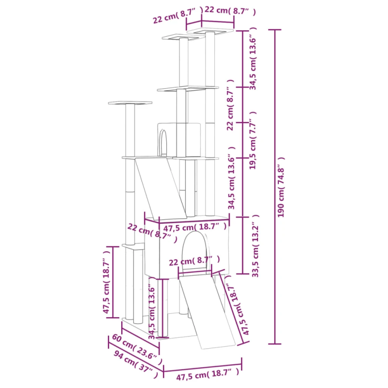 vidaXL kaķu māja ar sizala stabiem nagu asināšanai, 190 cm, pelēka