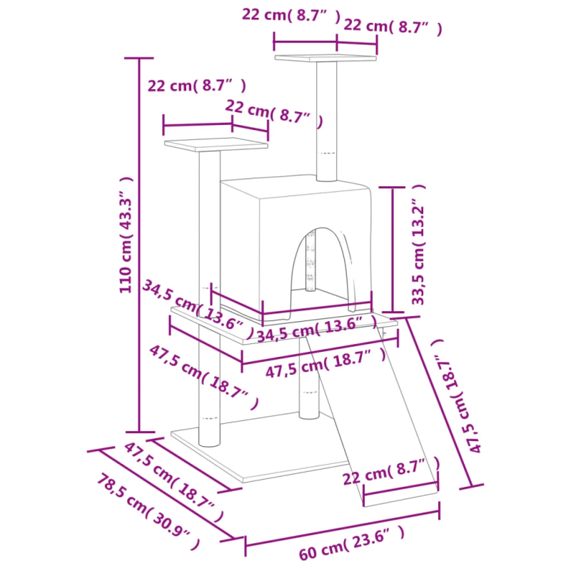 vidaXL kaķu māja ar sizala stabiem nagu asināšanai, 110 cm, pelēka