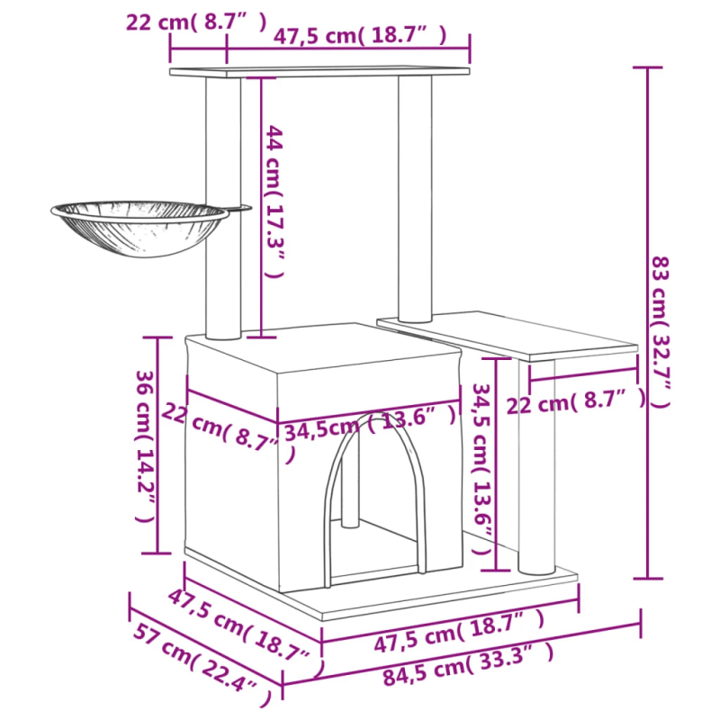 vidaXL kaķu māja ar sizala stabiem nagu asināšanai, 83 cm, krēmkrāsas