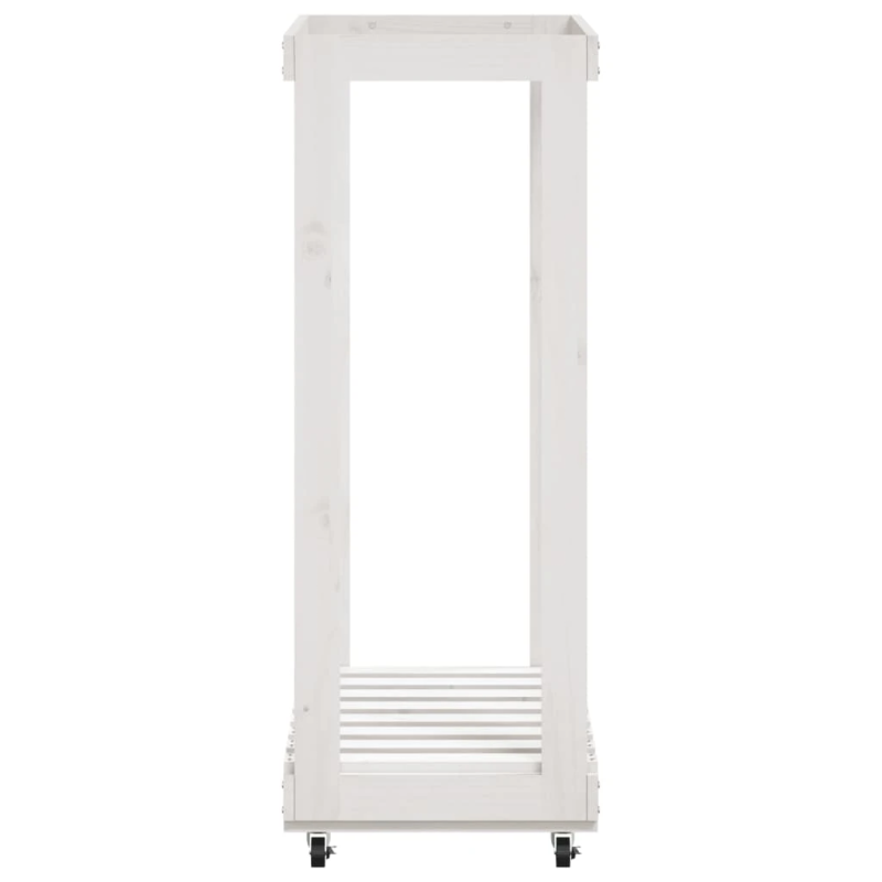 vidaXL malkas statīvs ar riteņiem, balts, 76,5x40x108 cm, priedes koks