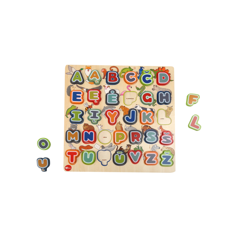 bo. Educational wooden puzzle "Alphabet and animals" ,In Lithuanian lang.,