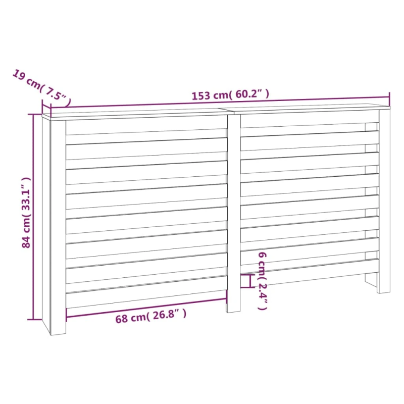 vidaXL radiatora pārsegs, 153x19x84 cm, priedes masīvkoks