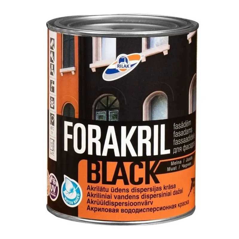 Krāsa, fasāde Rilak Forakril, matēts, 0.9 l, melna krās.