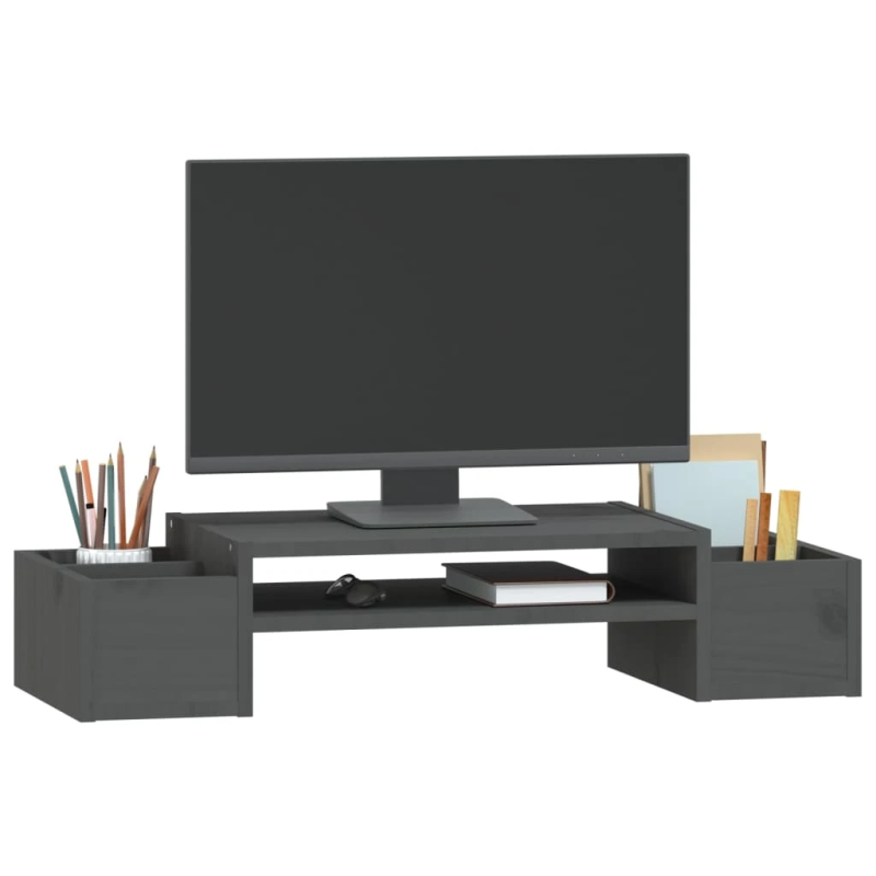 vidaXL monitora paliktnis, pelēks, 70x27,5x15 cm, priedes masīvkoks