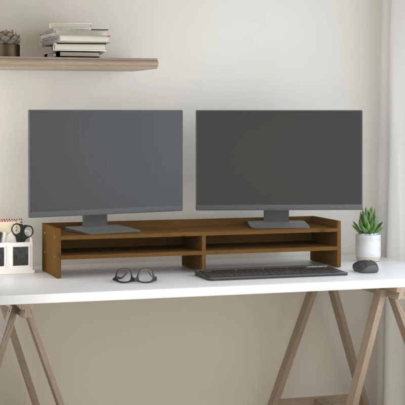 vidaXL monitora paliktnis, medus brūns, 100x24x16cm, priedes masīvkoks