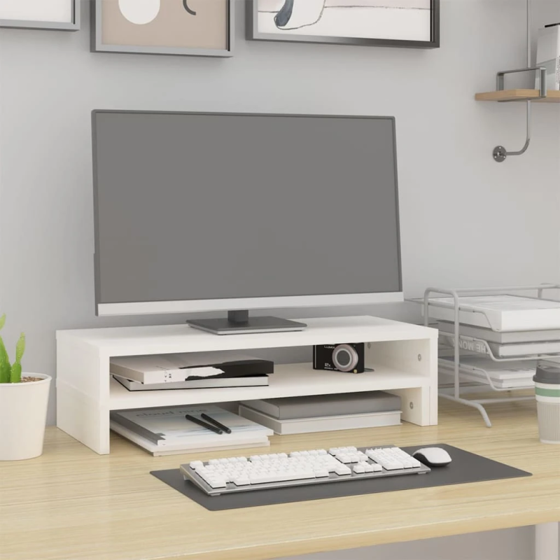 vidaXL monitora paliktnis, balts, ,52-101,x22x14 cm, priedes masīvkoks