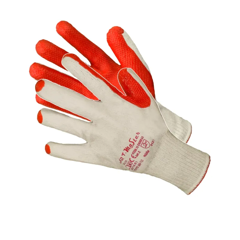 Cimdi adīti ar biezu sarkanu PVC pārklājumu