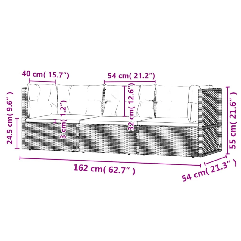 vidaXL 3-daļīgs dārza atpūtas mēbeļu komplekts, melna PE rotangpalma