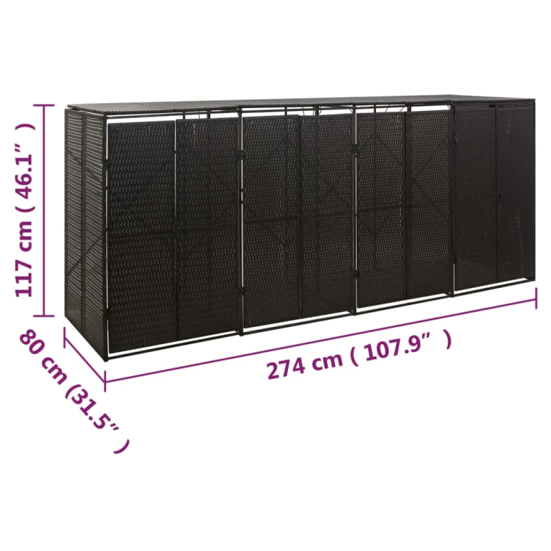 vidaXL četrdaļīga nojume atkritumu konteineram, melna, 274x80x117 cm