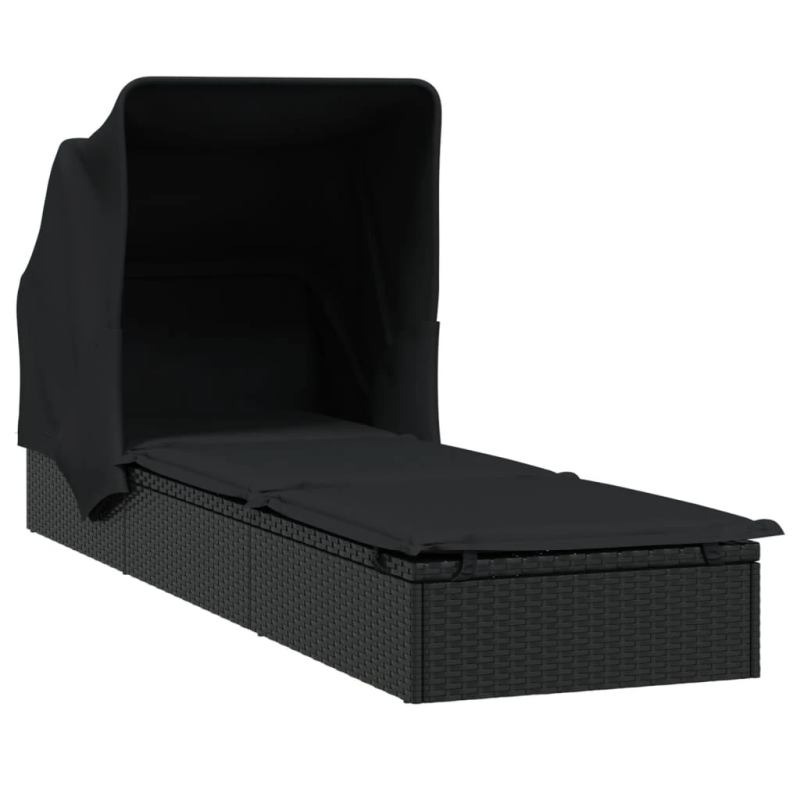 vidaXL sauļošanās gulta ar saliekamu jumtu, melna PE rotangpalma