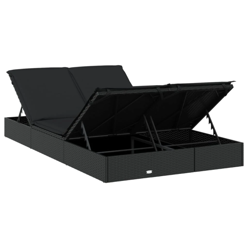 vidaXL sauļošanās gulta ar matračiem, melns PE pinums, divvietīga