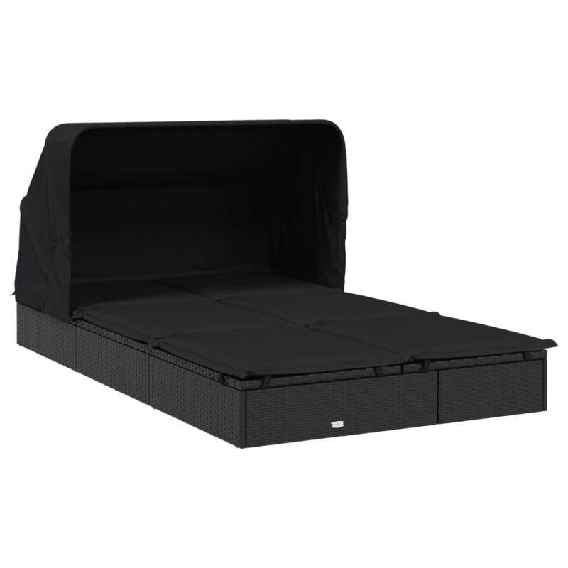 vidaXL sauļošanās gulta, saliekams jumts, melns PE pinums, divvietīga