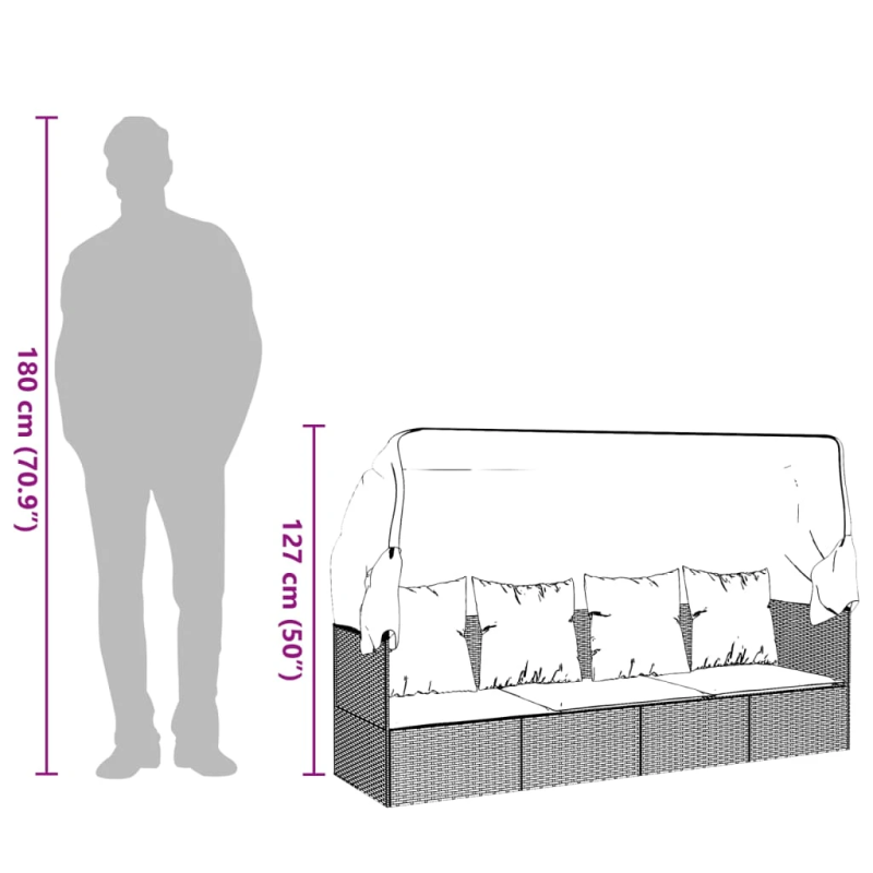 vidaXL dārza atpūtas gulta ar jumtu, matračiem, pelēka PE rotangpalma