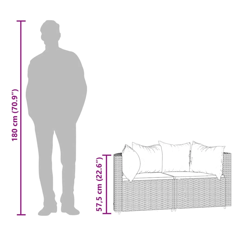 vidaXL dārza stūra dīvāni ar spilveniem, 2 gab., melna PE rotangpalma