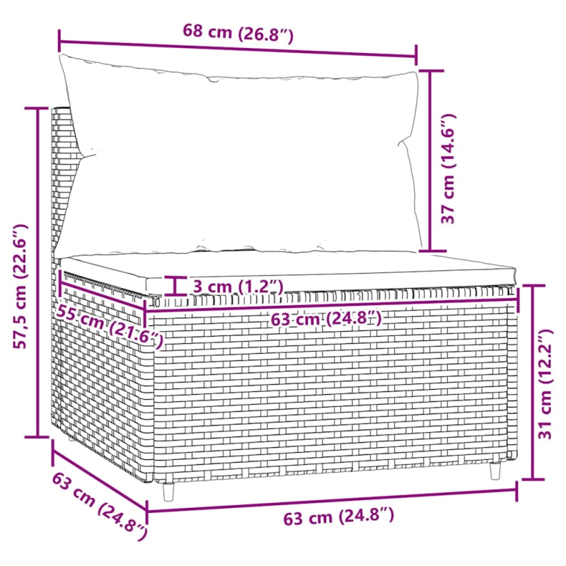 vidaXL vidējais dārza dīvāns, spilveni, melna PE rotangpalma