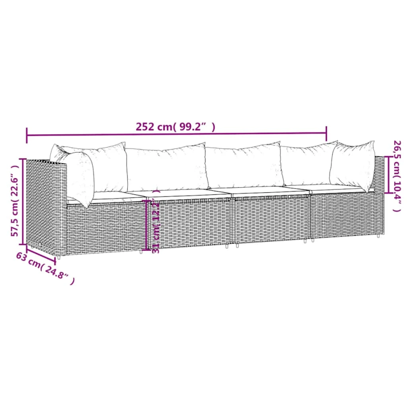 vidaXL 4-daļīgs dārza atpūtas mēbeļu komplekts ar matračiem, melns PE