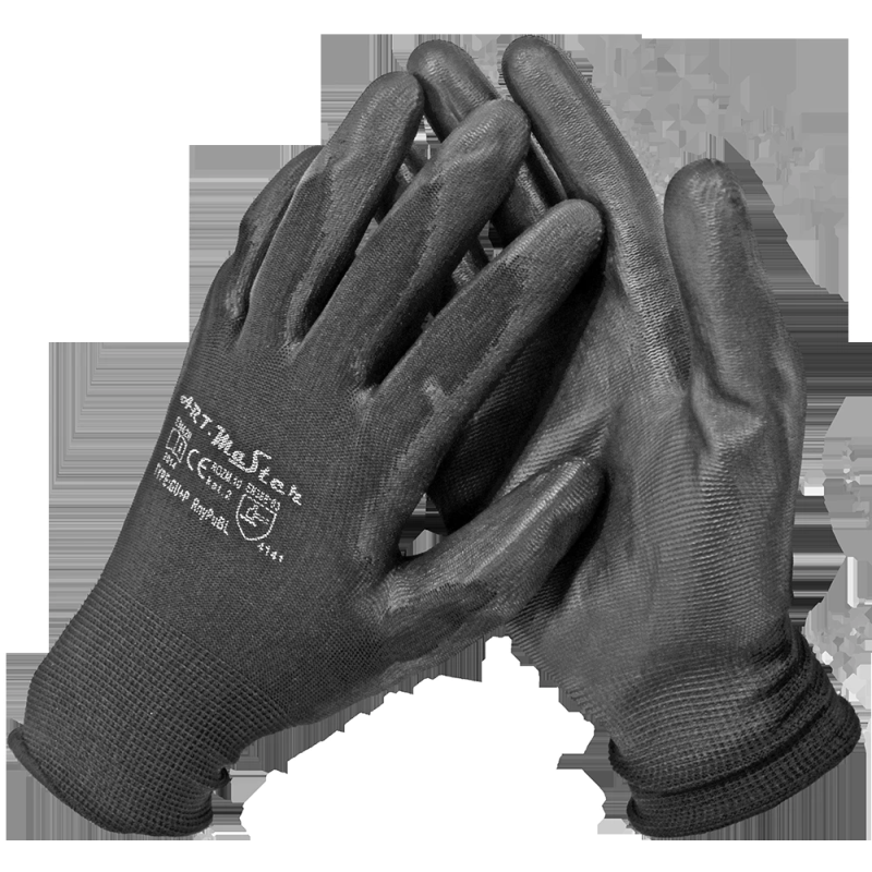 Cimdi poliester ar melnu PU pārkl. 10.izm B+B