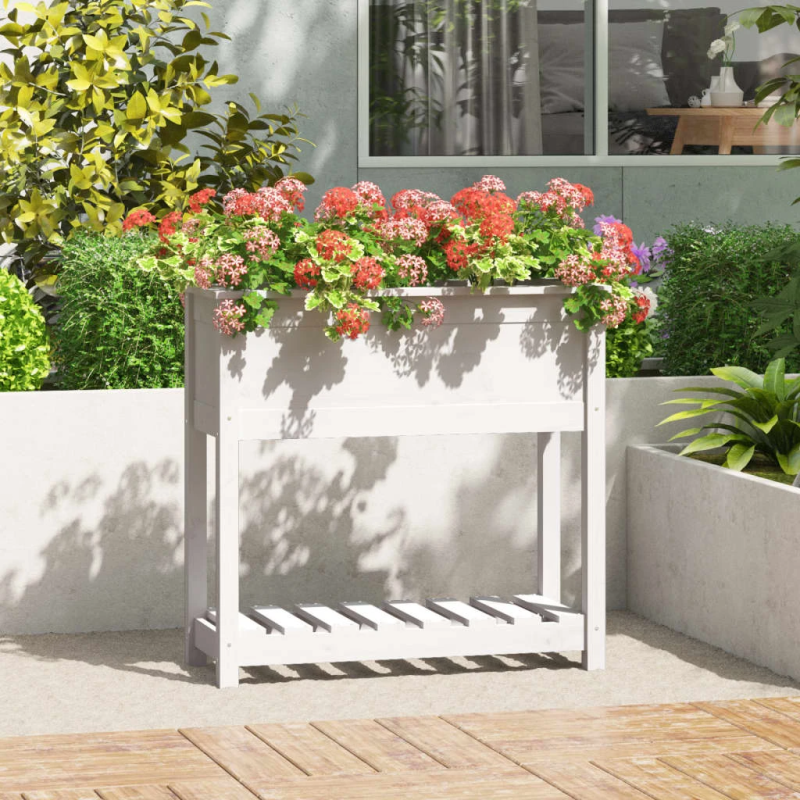 vidaXL puķu kaste ar plauktu, balta, 82,5x34,5x81cm, priedes masīvkoks