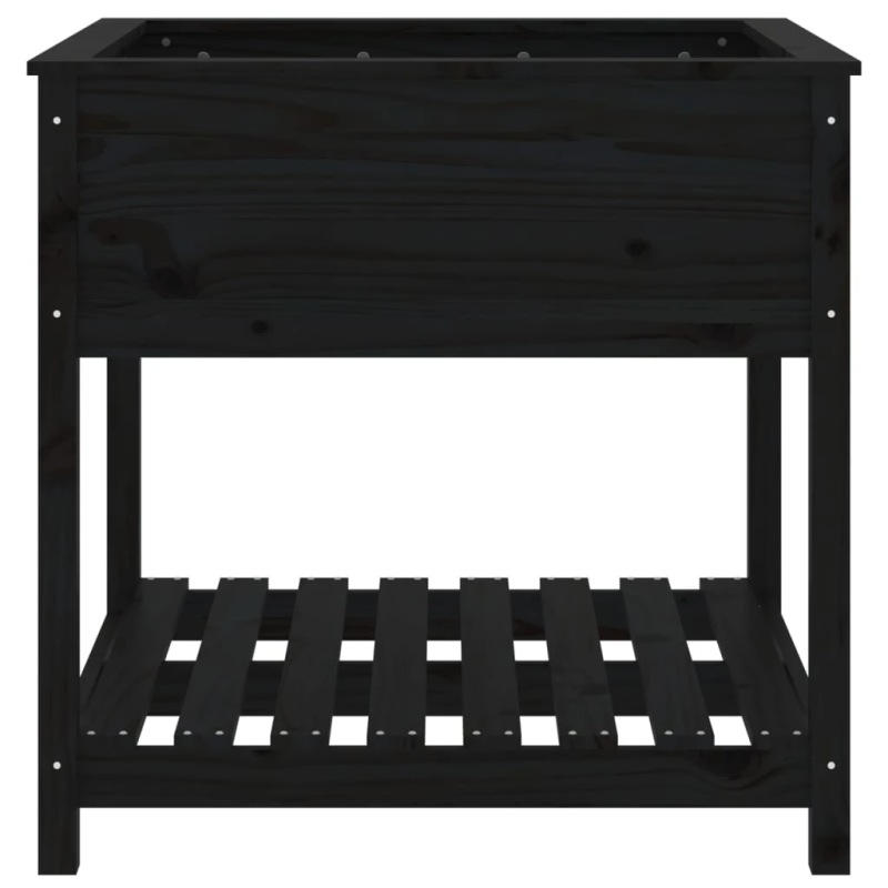 vidaXL puķu kaste ar plauktu, melna, 82,5x82,5x81, priedes masīvkoks