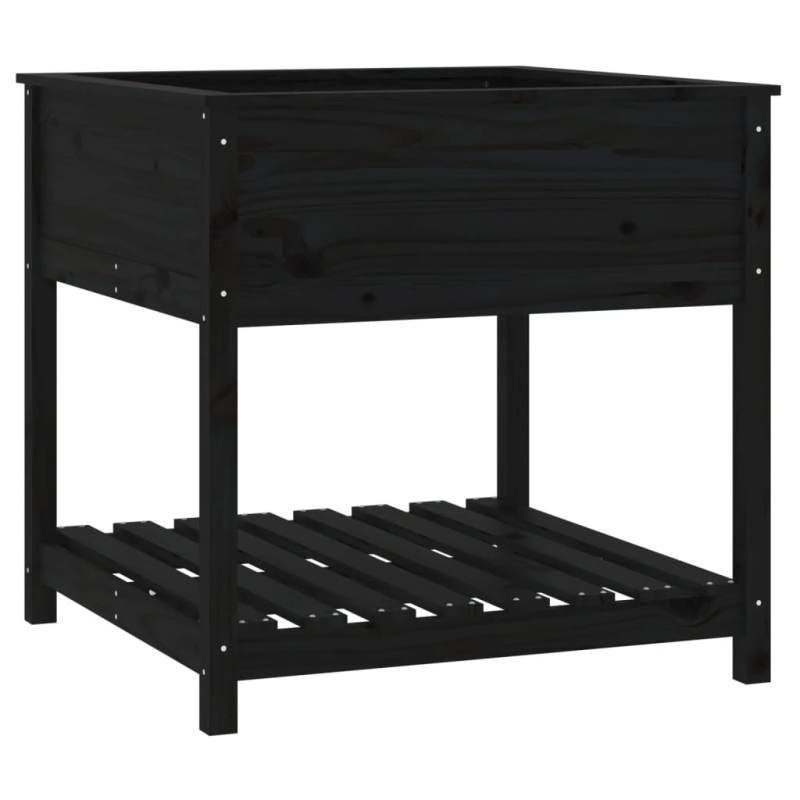 vidaXL puķu kaste ar plauktu, melna, 82,5x82,5x81, priedes masīvkoks